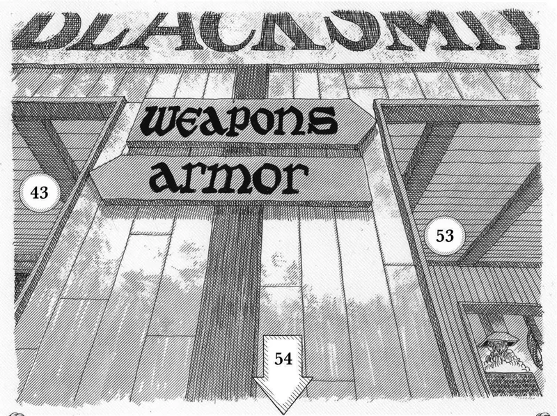 A blacksmith's shopfront with signs reading weapons and armor