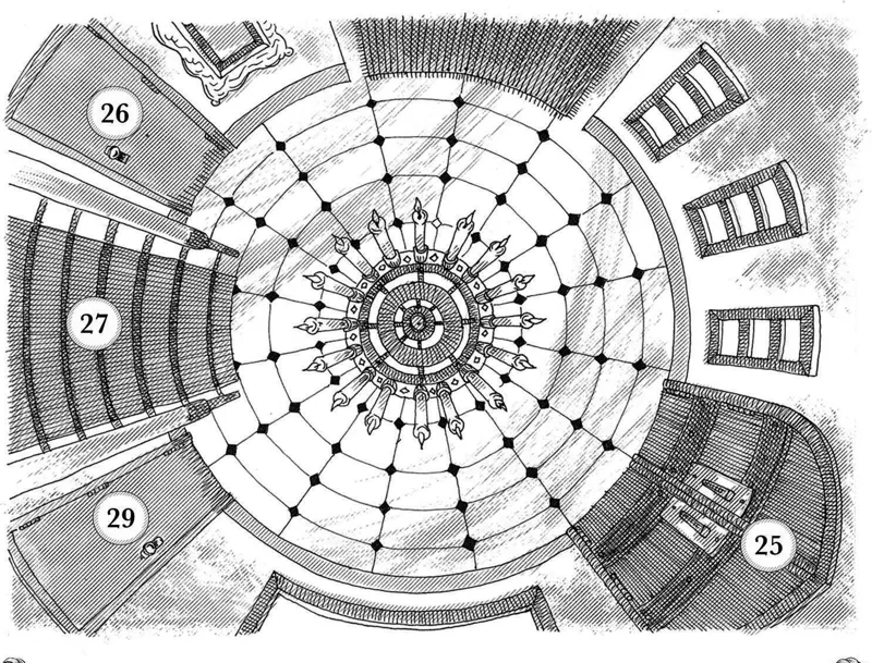 Ink drawing looking up into an enormous spoked wheel structure
