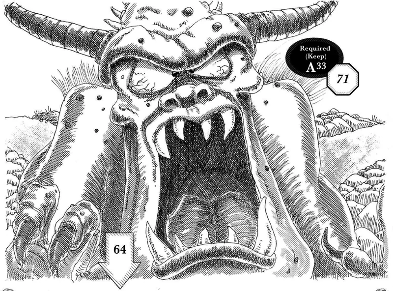 Ink drawing of a snarling horned beast filling a cave mouth