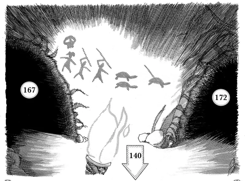 A lantern flame lighting a cave and startling bats and fish into the dark