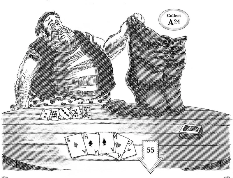 Two hulking gamblers hunched over a card table strewn with dice