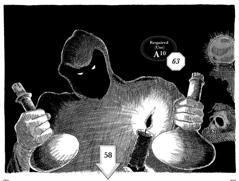 A hooded figure with glowing eyes holding two bottles in a dark room