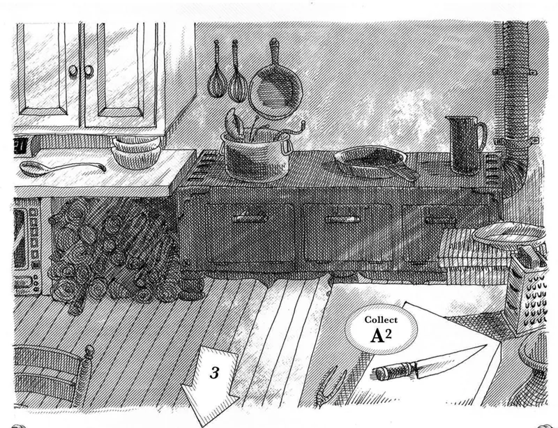 A cottage kitchen with hanging pans and a plank floor
