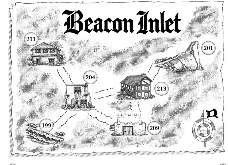 Hand-drawn map of Beacon Inlet with numbered buildings