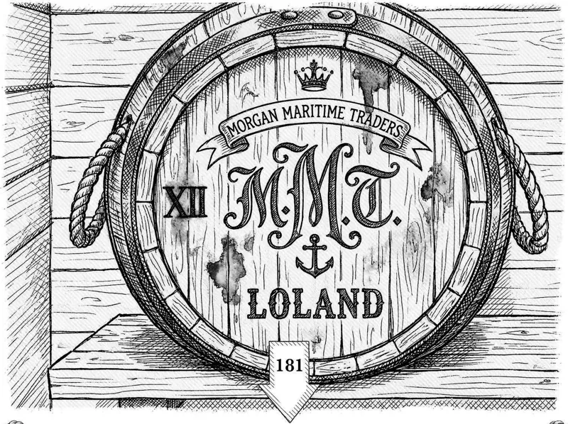 A large branded barrel reading Morgan Maritime Traders, Loland, roped to a deck