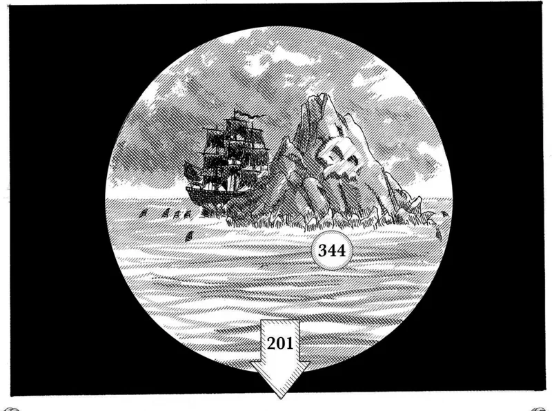 Ink drawing of a ship on rocks seen through a circular spyglass view against a black night sky