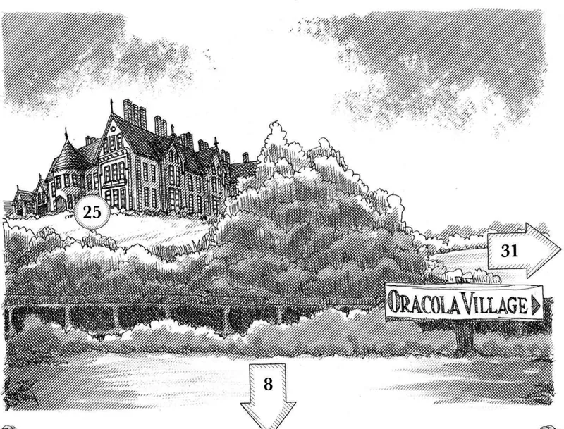 A grand house on a wooded hill above a river, with a signpost to Oracola Village