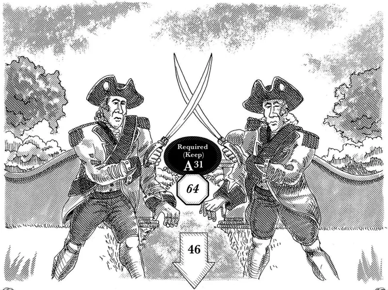 Two tricorn-hatted figures crossing blades in a field