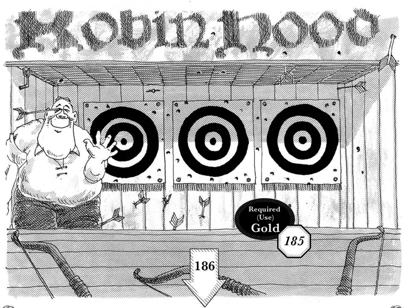 A carnival stall with three archery targets and a grinning attendant