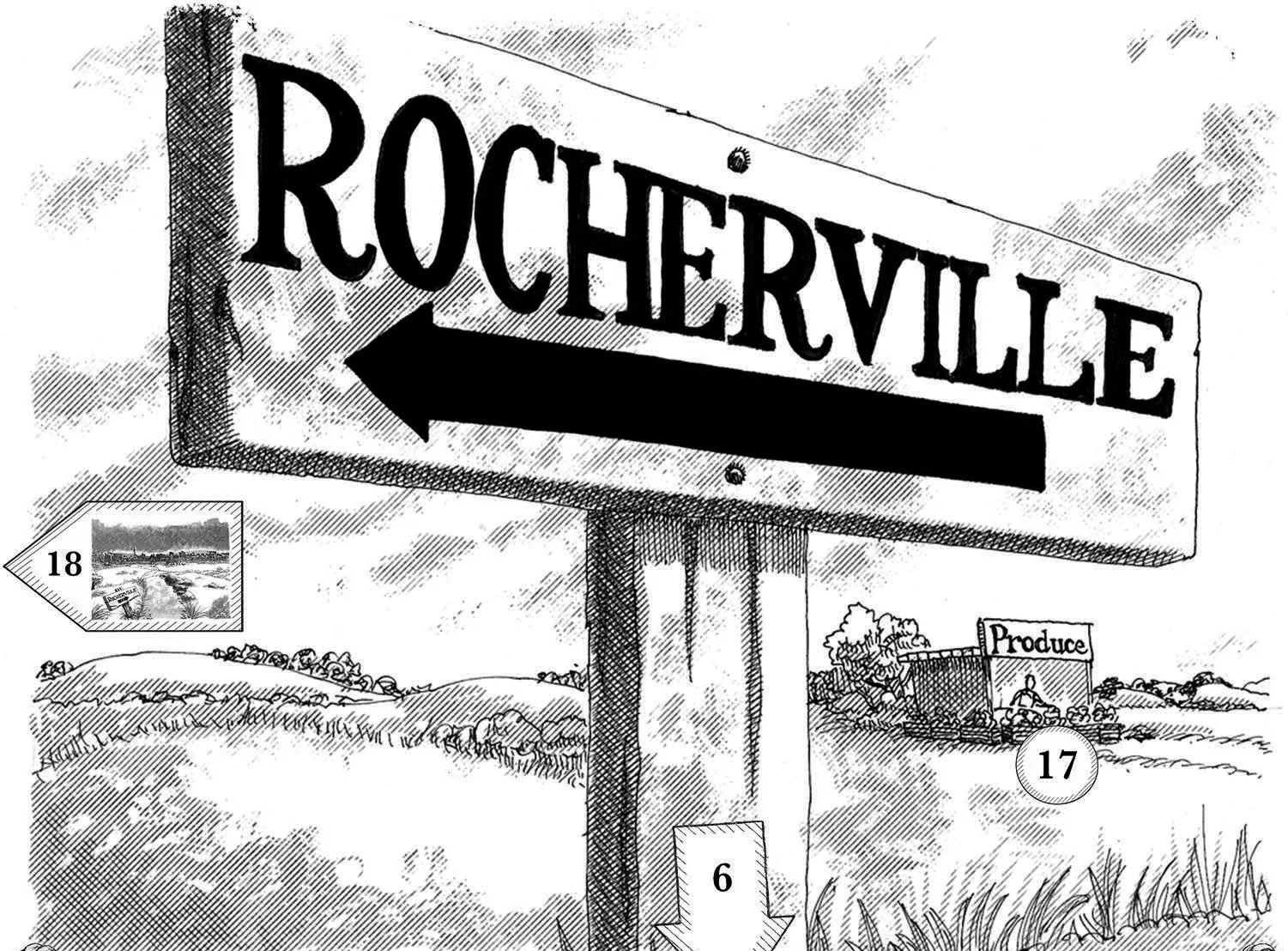 A pen-and-ink illustration of a wooden signpost reading Rocherville on a country road, with fields and a distant stand.