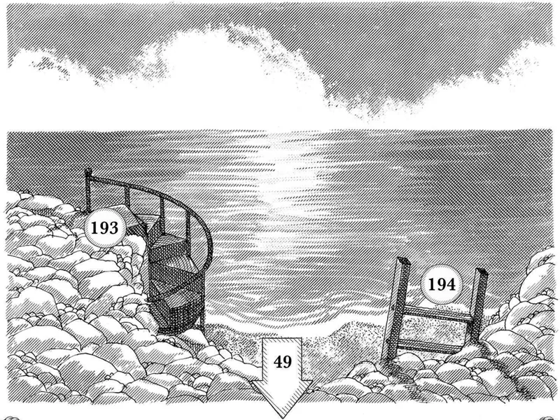 A cannon and a chair among rocks on a shoreline at dusk