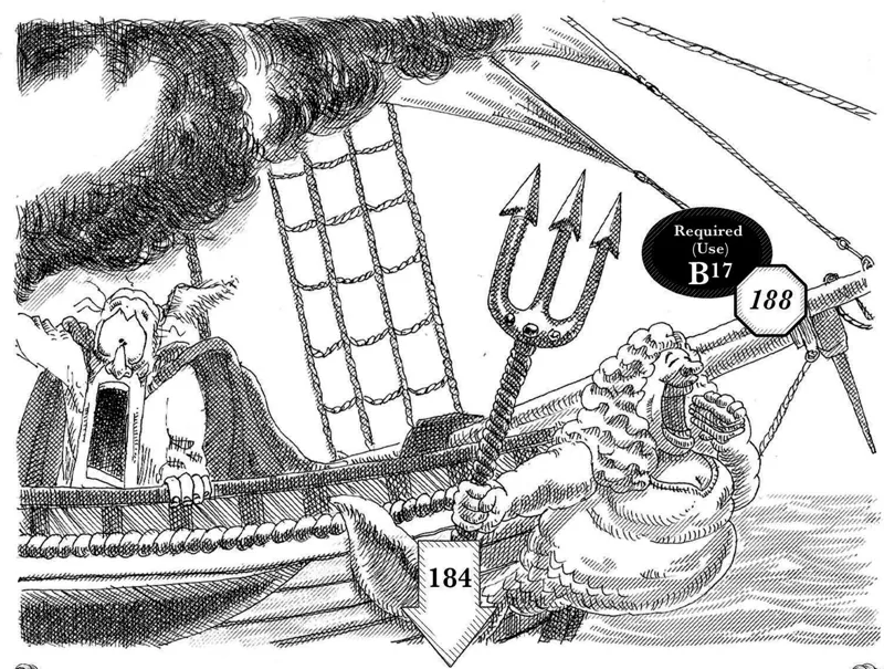 Ink drawing of skeletal figures scrambling across a ship's rigging with a trident