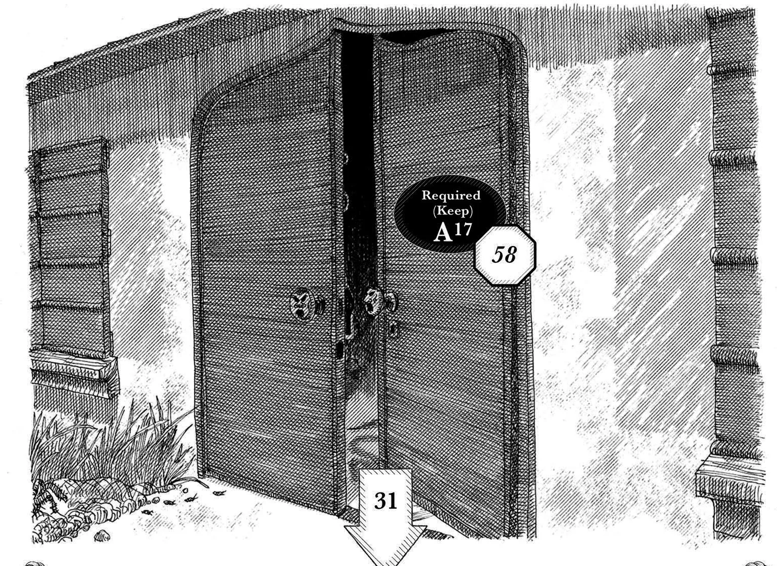 A pen-and-ink illustration of tall wooden warehouse doors standing ajar, with a heavy cut padlock hanging from the latch.