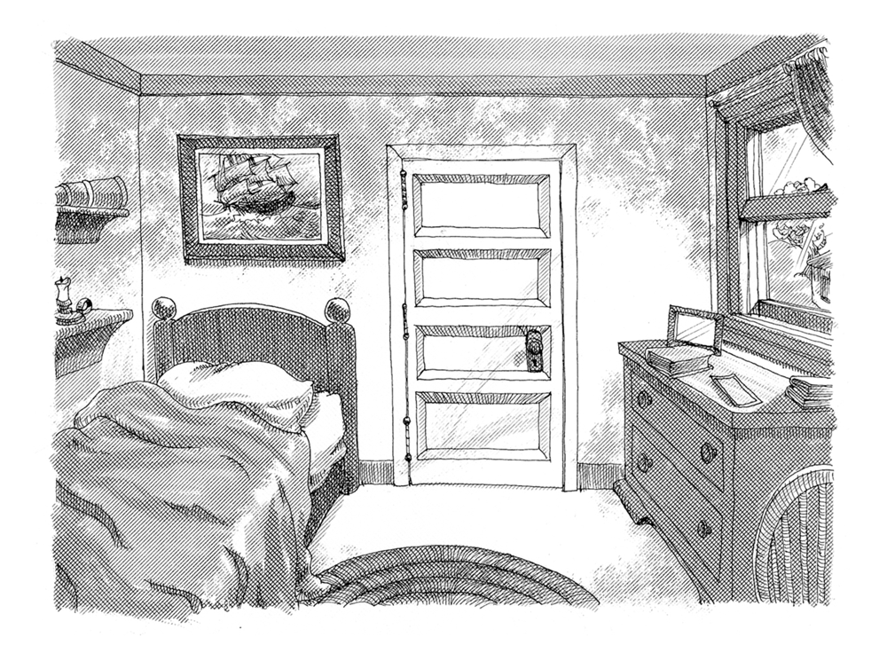Patrick's bedroom: a bed with rumpled blankets, a ship painting, a panelled door standing closed, and a dresser by the window.
