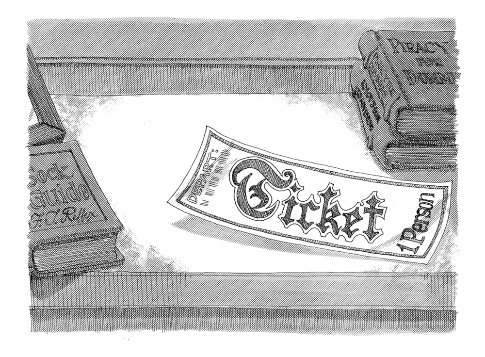 Close-up of an ornate departure ticket reading Ticket, 1 Person, lying on a dresser beside stacked books.