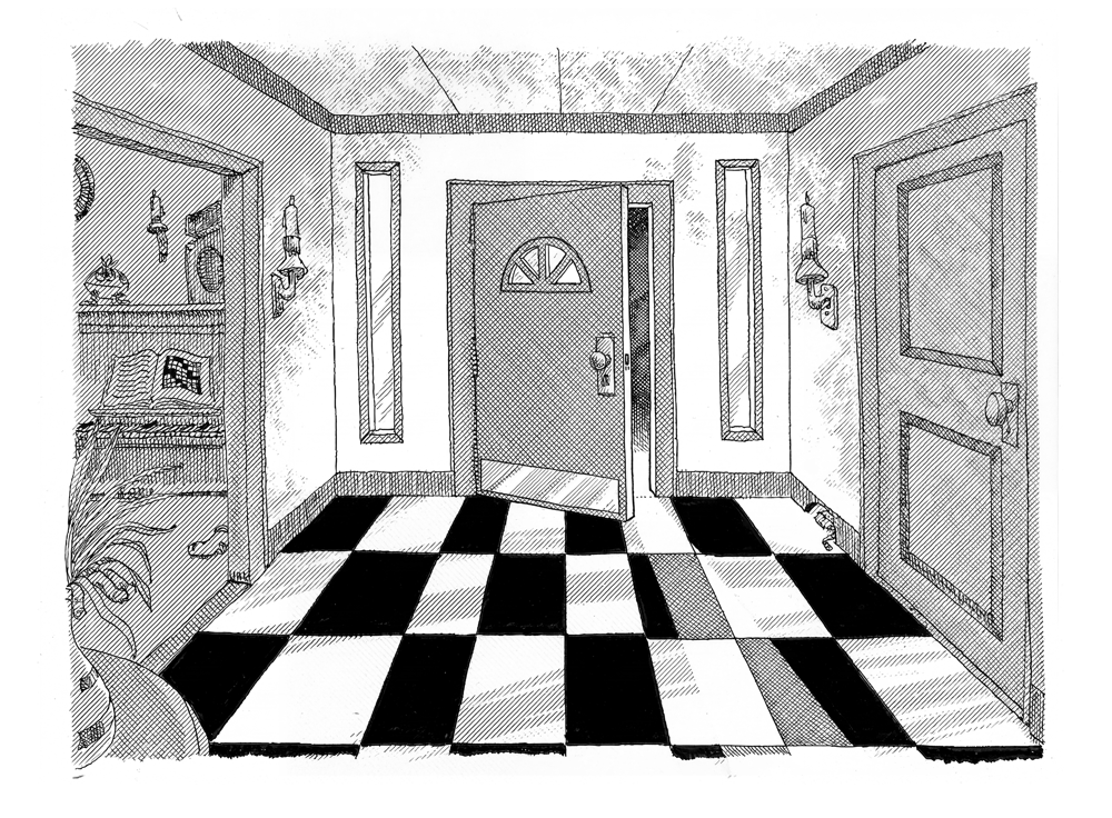 An entry hall with a black and white chequered floor, the front door standing ajar, and a second door on the right.