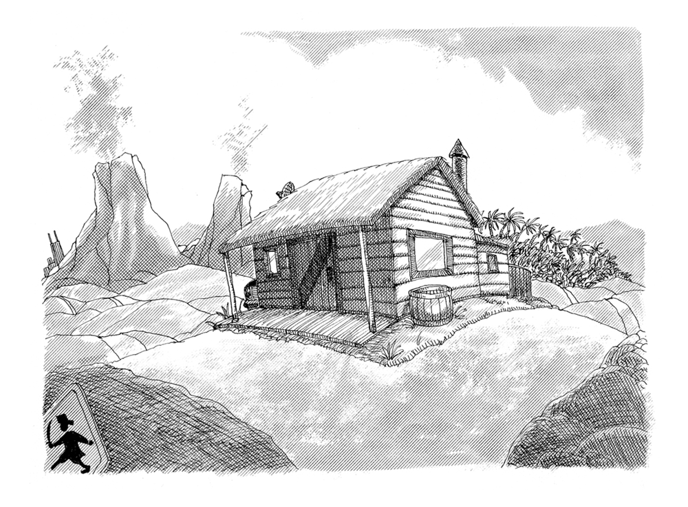 A log cabin on a rise with mountains behind it, a dirt path running left and right past the porch.
