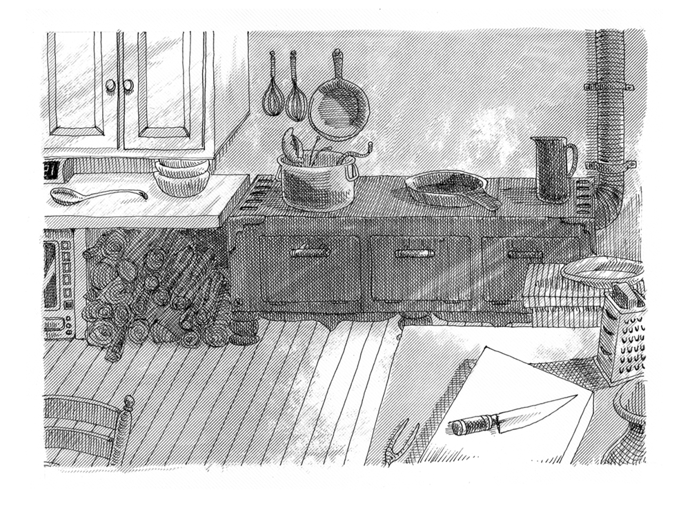A kitchen with a cast-iron stove, hanging pans, split logs stacked beneath the counter and a knife lying on paper.