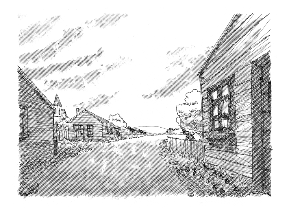 A village lane between two clapboard buildings, with cottages and a church spire ahead and open country beyond.