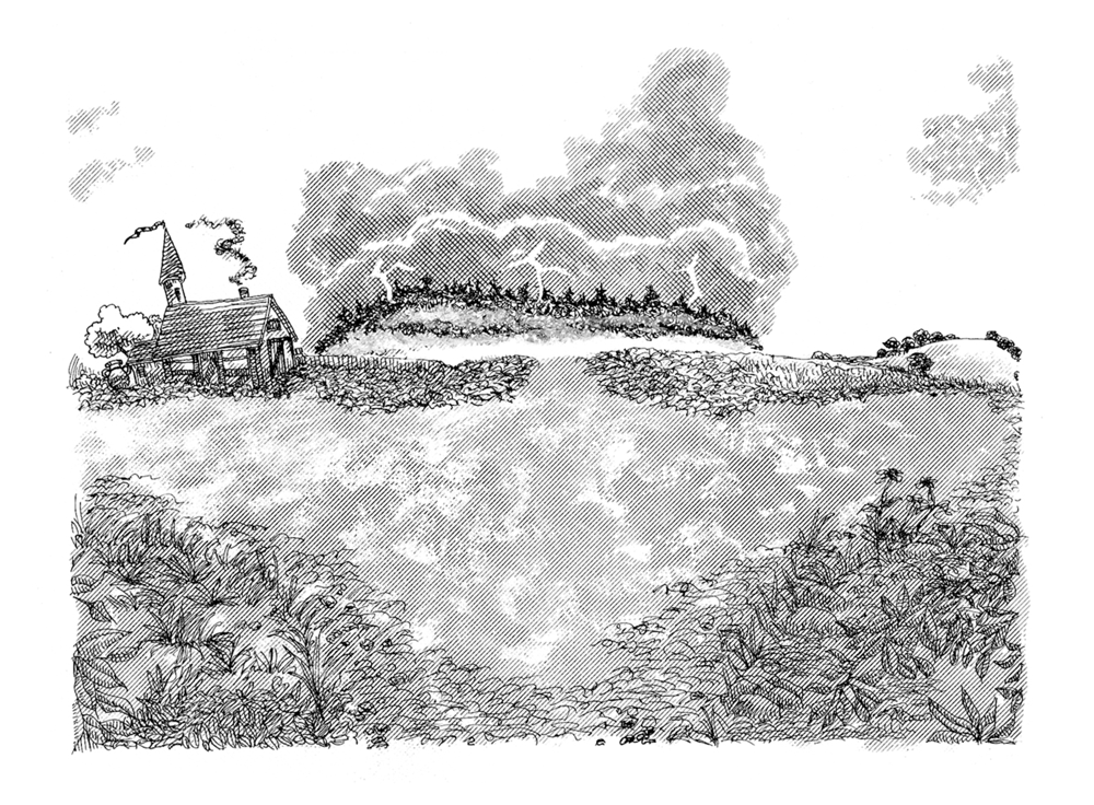 A field above a village, a lightning storm breaking over a wooded ridge, with a signpost at the left edge.