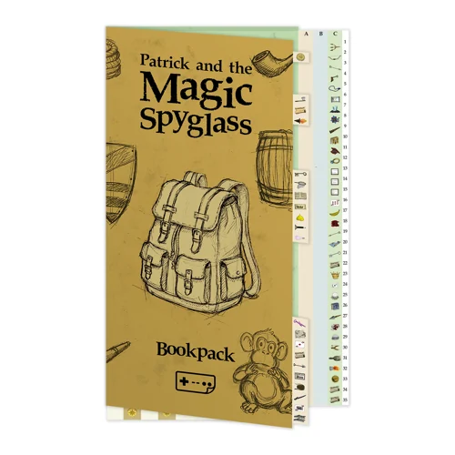 The Bookpack item tracker: a tan folder printed with a backpack sketch, with three columns of numbered item tabs fanning out from the right edge.