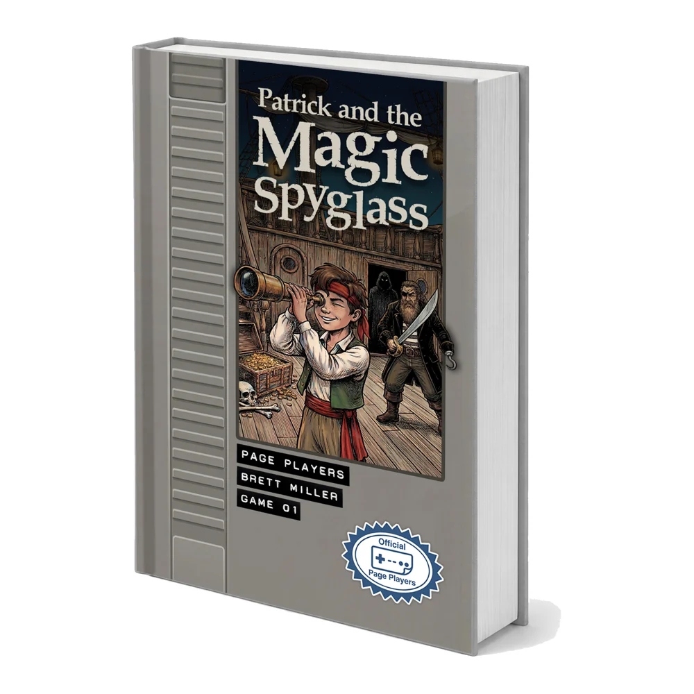 The deluxe hardcover of Patrick and the Magic Spyglass, designed as a grey NES-style cartridge.